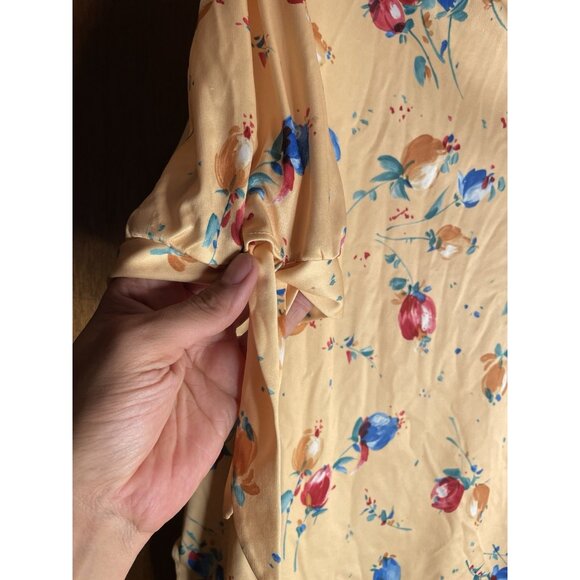 Pretty Tops Women's Vintage 70s Blouse Floral Short Sleeve Tie Yellow Spring XL - Picture 8 of 10